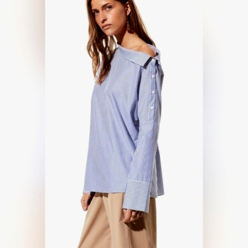 Babaton Aritzia Blue Striped One Shoulder Asymmetrical Cotton Shirt Blouse XXS